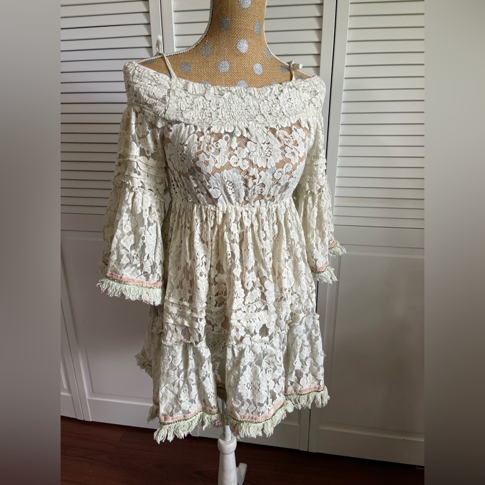 Amazing Antica Sartoria by Giacomo Cinque Lace Sheer Off Shoulder Dress Babydoll - Picture 2 of 8